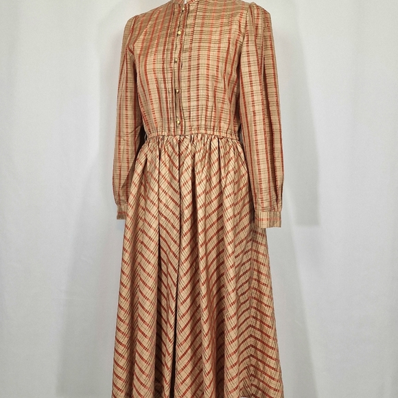 Vintage Japanese Cordier Gold Red Beige Tartan Pleated Fit And Flare Dress 10 - Picture 3 of 8